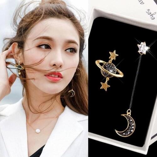Moon Star Planet Drop Dangle Earrings Women Temperament Long Earrings Earrings Crystal Wild Asymmetric Jewelry U4F8