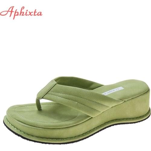 Aphixta 2021 New Green Platform Flip Flops Women Leisure Summer Cool Design Convenient 5cm Wedge Heel Slides Mules Shoes