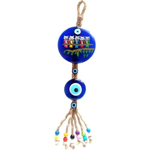Owl Family Blue Evil Eye Beads Hand Painting Wall Ornament