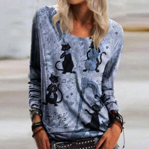 Vintage Casual Cartoon Cat Violin Shirt 2021 Spring Autumn O-Neck Pullover Tops Long Sleeve Tee Shirt