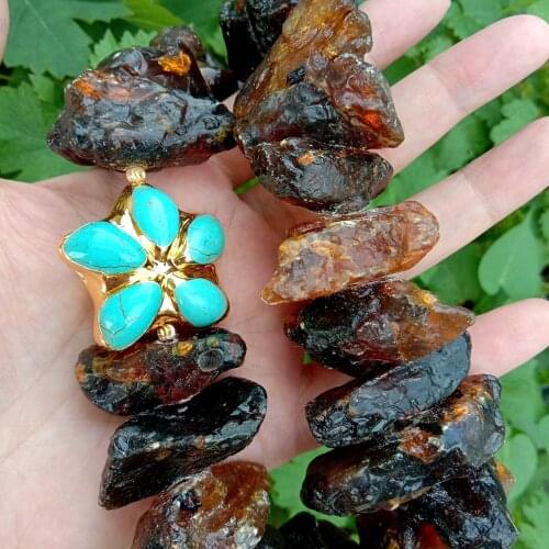 YYGEM Vintage style Turquoise Flower Pendant Natural Brown Amber Rough Raw Necklace 20" Statement Jewelry