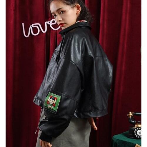 Autumn Black PU Leather Bomber Jacket Women Vintage Print 2019 New Long Sleeve Fashion Short Basic Coat Plus Size Outerwear H196