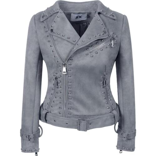 Liva girl Black Rivet PU Leather Jacket Women Skin Faux Leather Long Sleeve Biker Woman Casual Jackets and Coats