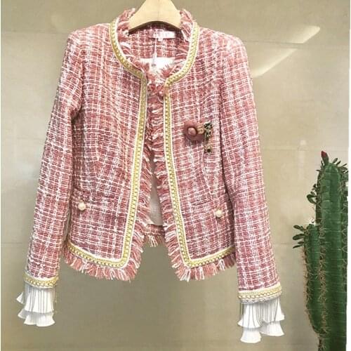 Plaid Wool Tweed Jacket Women Tassel O-neck Slim Short Jackets Coat Office Lady Elegant Outwear Autumn Winter High Qaulity