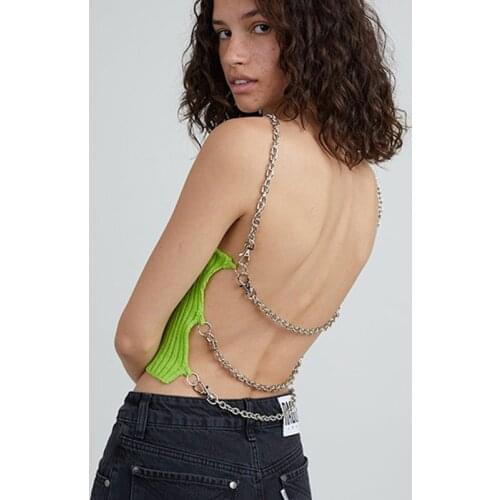 2021 Summer Fashion Chic Chain Bandage Halter Crop Tops Women Backless Cropped Feminino Green Camis Top Streetwear