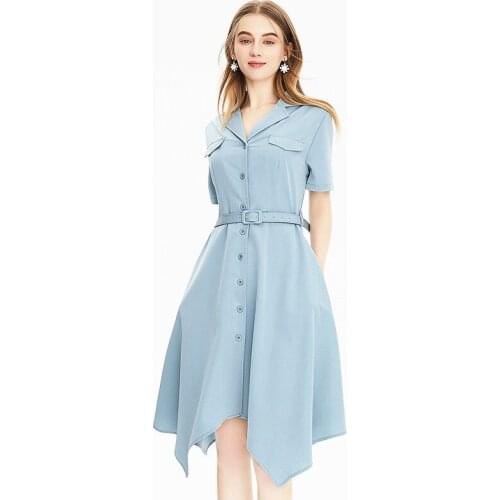 Summer Womens Dress 2021 New Simple Tooling Style Single Breasted A-Line Summer Dress Temperament Waist Irregular Dress C079