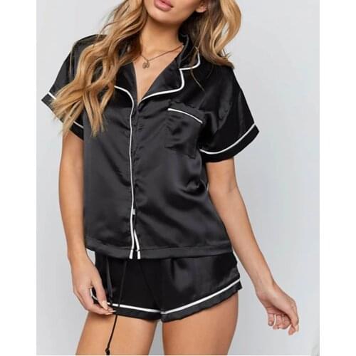 2020 Women Turn Down Collar Short Sleeve Christmas Plain Casual Pajama Sets Colorblock Satin Short Sleeve Pajamas Set