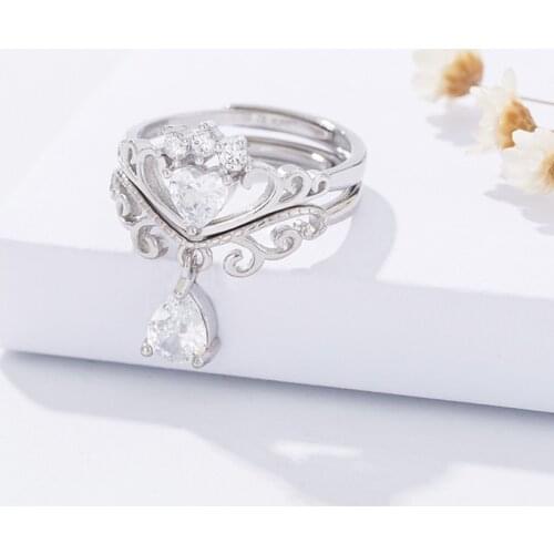 2021 Fashion New Two In One Bridal Set Princess Crown Ring Silver Plated CZ White Zircon Opening Ring Charm Lady Wedding Jewelry
