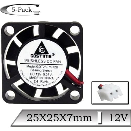 5 Pcs Gdstime 12V 25x25x7mm 25mm 9 Blades Mini Cooling Fan 2Pin 2507 2.5cm Brushless DC Exhaust Cooler Fan
