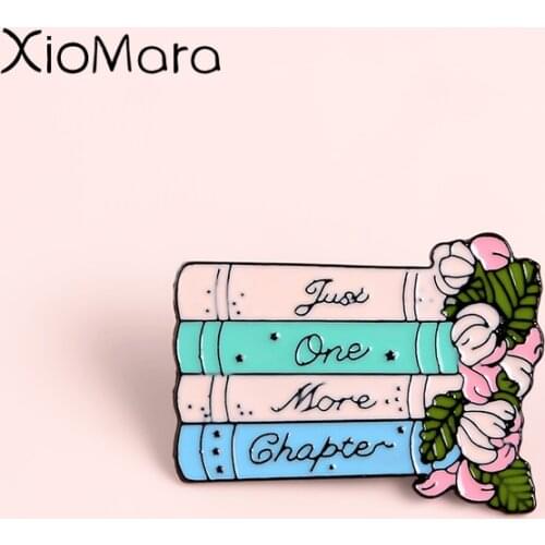 Just One More Chapter Enamel Pins Books Flowers Reader Bookworm Lapel Pins Enamel Brooches Pin For Bibliophile