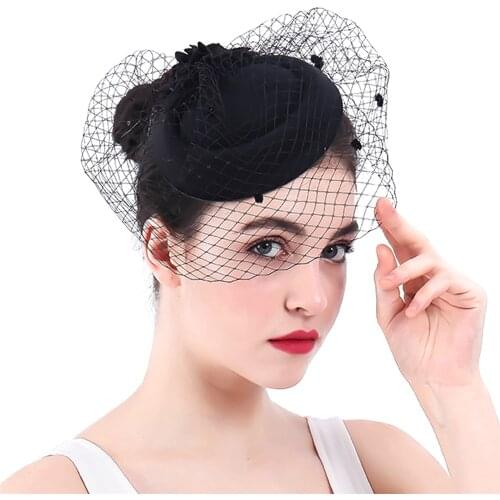 Black Wool Felt Mesh Banquet Fedora Cap Flower Handmade Women Bride Cocktail Headwear For Ladies Fashion Party Fascinator Hat