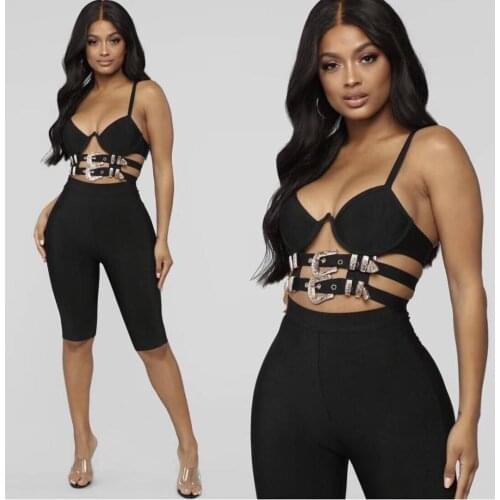 High Quality Black Slip Sequined Slip 2 Pieces Set Rayon Bandage Set Club Fashion Set