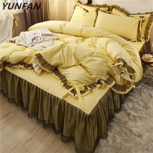 Yellow lace Bedding Set twin Full Queen King Bedspread princess Duvet Cover sets Pillowcase girls bed skirt luxury bedclothes