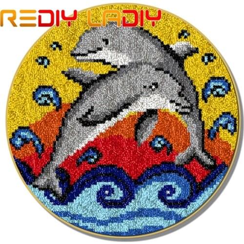 Latch Hook Rug Playing Dolphin Crocheting Carpet Rug Acrylic Yarn Printed Canvas Cushion Mat Crochet Tapestry Latched Hook Kits