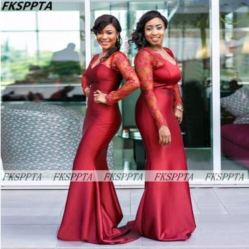 Long Sleeves Mermaid Lace Bridesmaid Dresses See Through Back V Neck 2021 Wholesale African Maids Of Honor Wedding Party Gowns