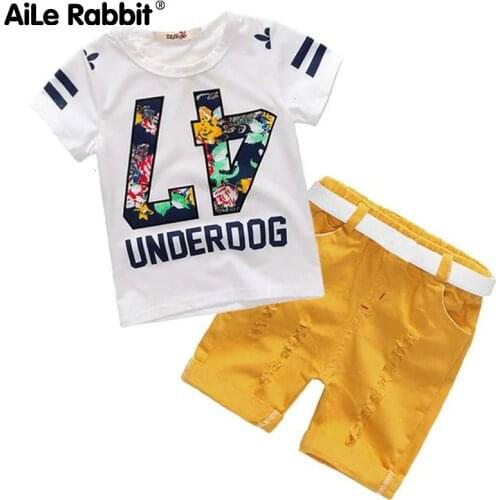 Boy Summer Set Short Sleeve T-Shirt Denim Shorts 2 Piece Set Cotton Number 47 Letter Casual Fashion Kids Set