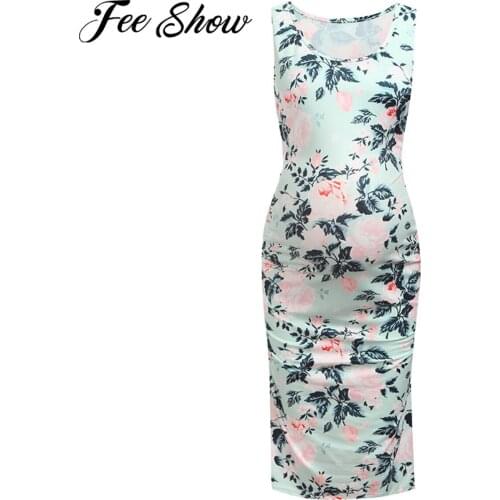 Summer Casual Maternity Tank Clothes Pregnancy Sleeveless Elegant Floral Print Ruched Sides Dress Pregnant Women Bodycon Dresses