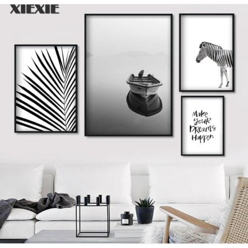 Zebra Lake Ship Palm Leaf Canvas Painting Wall Art Black White Landscape Nordic Posters and Prints Wall Pictures for Living Room