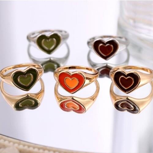 2021 New Creative Simple Colorful Double Layer Love Heart Ring Cute Drop Oil Metal Rings For Women Girl Fashion Jewelry Gift