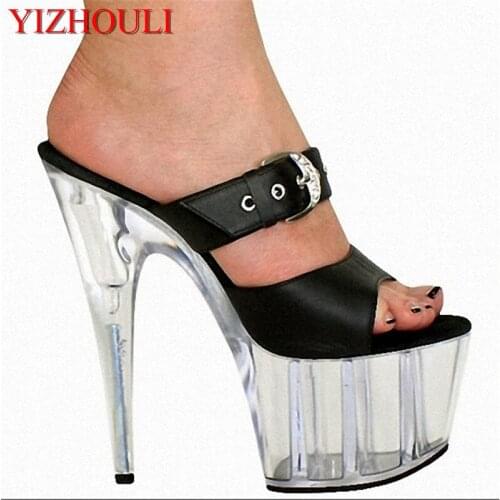 New 6 Inch Stiletto With Platform Slippers Buckle 15cm High Heels Fetish Party Crystal Shoes Sexy Clubbing Women Slippers