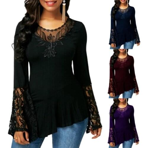 Casual Women Autumn O Neck Long Sleeve Lace Stitching Irregular Hem T-shirt Solid Color Tshirt Women Streetwear Tee Shirt Summer