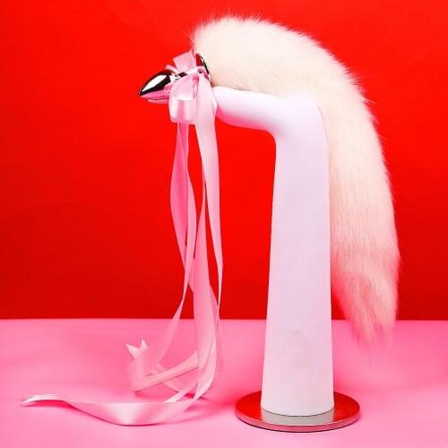 Pink Lace Bowknot Long Faux Fox Tail Anale PLug Stainless Steel Metal Butt Plug White Sex Cosplay Accessories for Couples