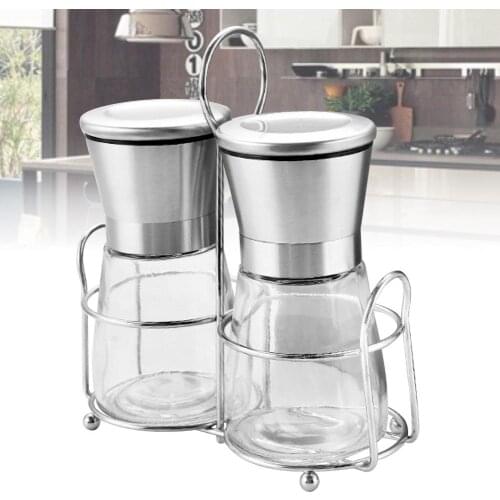 2Pcs/Set Manual Pepper Seasonings Mill Grinder Condiment Storage Container Jar Home Kitchen Gadget with Holder Cooking BBQ Tools