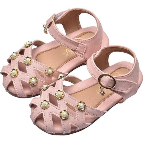 2020 New Summer Baby Girls Sandals Toddler Infant Kids Slip On Pearl Crystal Single Princess Roman Shoes For Children Girl