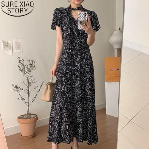 Chiffon Long Dresses 2021 Elegant Party Dress Summer Polka Dot Dress Short Sleeve Office Lady Women Clothing Robe Femme 13638