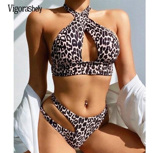Vigorshely Leopard Cross halter Swimwear Women Sexy Hollow Bikini 2021 Brazilian Swimsuit Female Push Up Bikini Set Bathing Suit