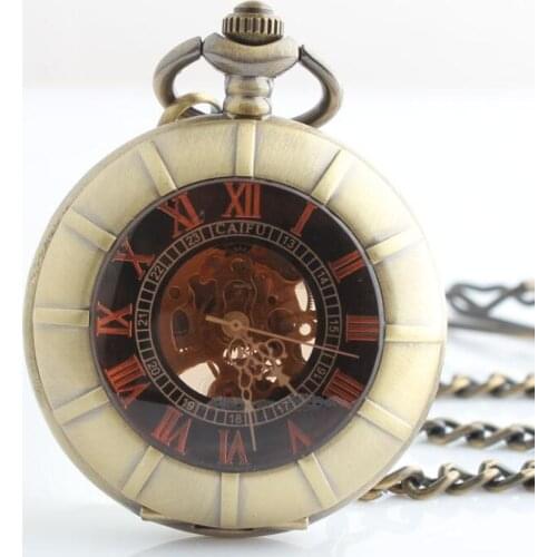 10pcs/lot Vintage Bronze Tea Glass Magnifier Skeleton Mechanical Pocket Watch Roman Dial Men Gift Pocket Watches