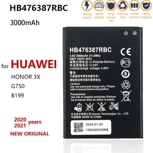 100% Original 3000mAh HB476387RBC Battery For Huawei Honor 3X G750 B199 Mobile Phone High Quality Batteries Batteria