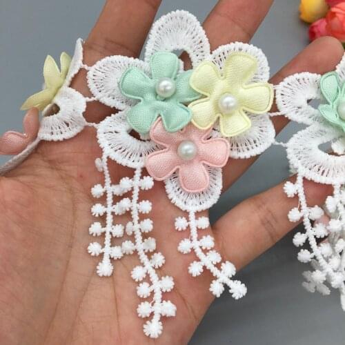 20pcs Pearl Colorful Flowers Cotton Wedding Lace Trim Tassel Trimmings Fabric Ribbon Dress Clothes Hat Applique DIY Sewing Craft