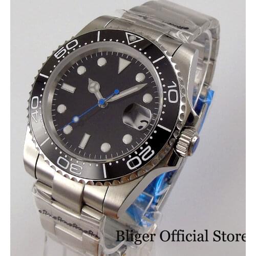 BLIGER Sterile Nologo 24 Jewels NH35 Automatic Men Watch Blue Second Hand Unidirection Bezel Oyster Strap Saphire Glass