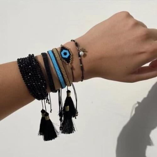 BLUESTAR Turkish Evil Eye Bracelet Women MIYUKI Bracelets Handmade Crystal Bead Tassel Jewelry 2021