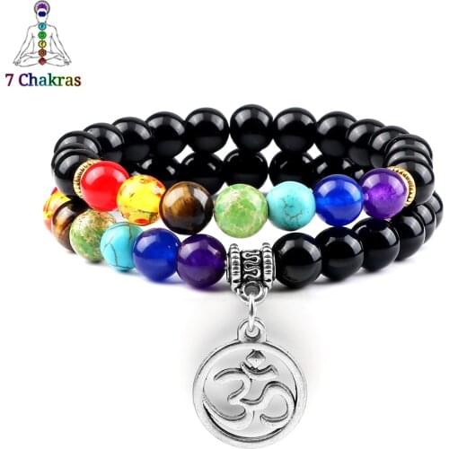 2pcs/set Couples Om Symbol Pendant Bracelets Men Natural Stone Beads Strand Elastic Bracelet Women 7 Chakra Healing Yoga Jewelry