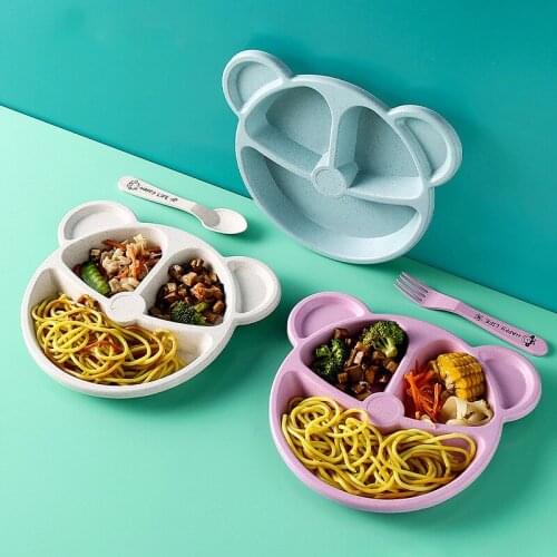 Baby bowl+spoon+fork Feeding Food Tableware BPA Free Cartoon Bear Kids Dishes Baby Eating Dinnerware Set Anti-hot Training Plate