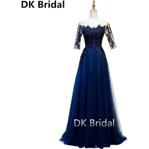 Elegant A-Line Floor-Length Half Sleeves Long Evening Dress with Appliques Rhinestone Lace-Up Open Back Formal Evening Gown