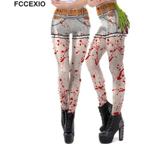 FCCEXIO Bloodstain Printed Tight Leggings Women Casual Sports Pants Fitness Printed Leggings Female Sexy Skinny Pants