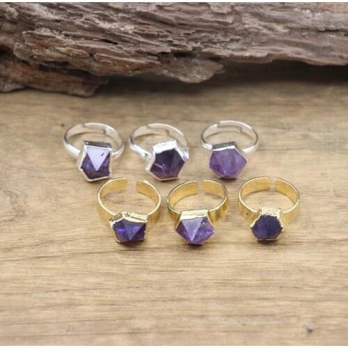 Faceted Raw Amethysts Rings Healing Crystal Purple Spinel Quartz Druzy Golden Circle Finger Ring Party Wedding Jewelry,QC4097