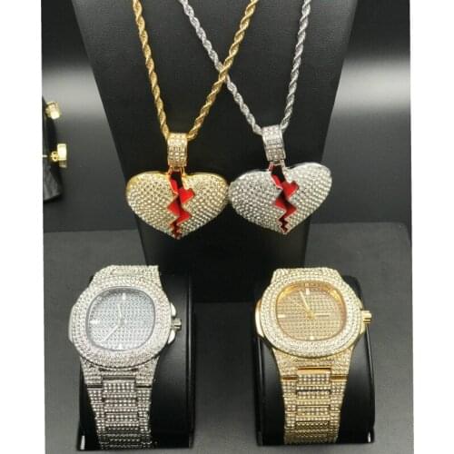 Luxury Men Gold Color Watch & Necklace Combo Set Hip Hop Men jewelry Ice Out Cuban Heart Pendant & Rope Chain In Crystal For Men