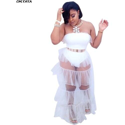 2019 new women summer strapless cascading ruffles mesh splicing see though sexy maxi dress party club night dresses GLBS1090