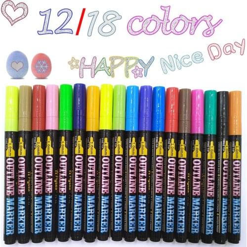Double Line Outline Pens, 12/18 Colors Self-Outline Metallic Markers Glitter Outline Pens Writing Drawing Pens Doodle Dazzle Pen