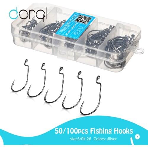 DONQL Wide Crank Fishing Hooks 50/100pcs Offset Fishhook 3/0#-2# Red Silver Bass Barbed Carp Fishing Hook For Soft Worm Lure