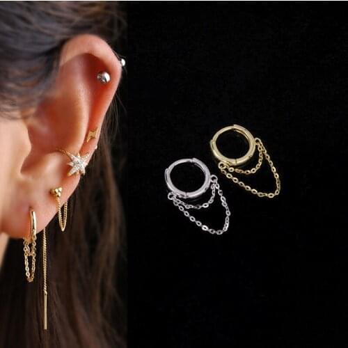 1Pc Sterling Silver Hoop Earring Chain Tassels Huggie Cartilage Earring for Women Men Fashion Hip-hop Ear Piercing Jewelry