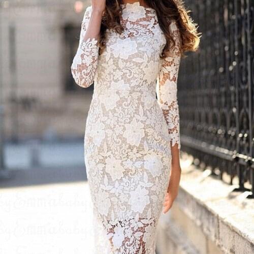 Sexy Women White Lace Dress New 2020 Winter Turtleneck Long Sleeve White Club Factory Bodycon Bandage Midi Party Dresses