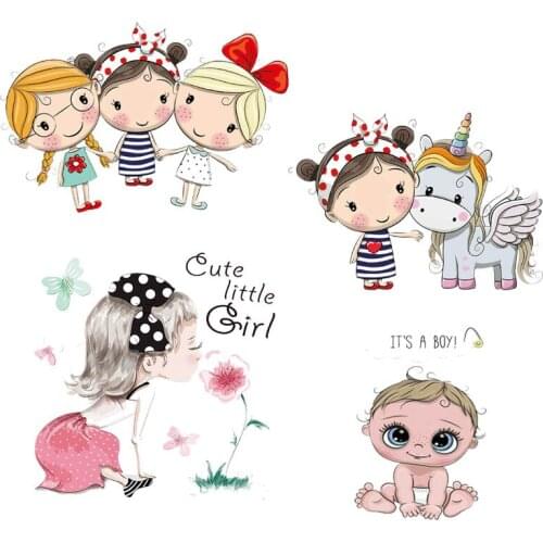 Cartoon Girls Unicorn Iron on Transfer Vynil Heat Transfer Iron on DIY T-shirt Thermal Transfer Patches For Kid Clothing Decor