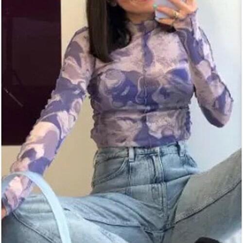 Y2K 2021 Women Sheer Mesh Tops Sexy Long Sleeve Crew Neck Tie Dye Print Slim Fit T-Shirts