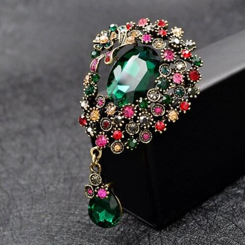 CINDY XIANG Vintage Large Crystal Water-drop Brooches For Women Autumn Fashion Brooch Pin Flower Pattern 4 Colors Available