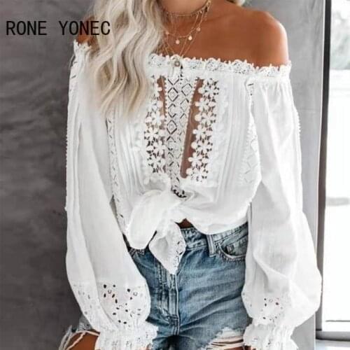 Women Shirt Elegant Off Shoulder Plain Lace Contrast Blouse Women Blouse Tops